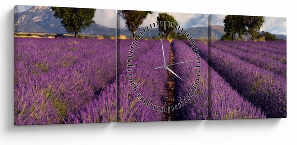 Obraz - Pole lawendy i góry (z zegarem) (90x30 cm)