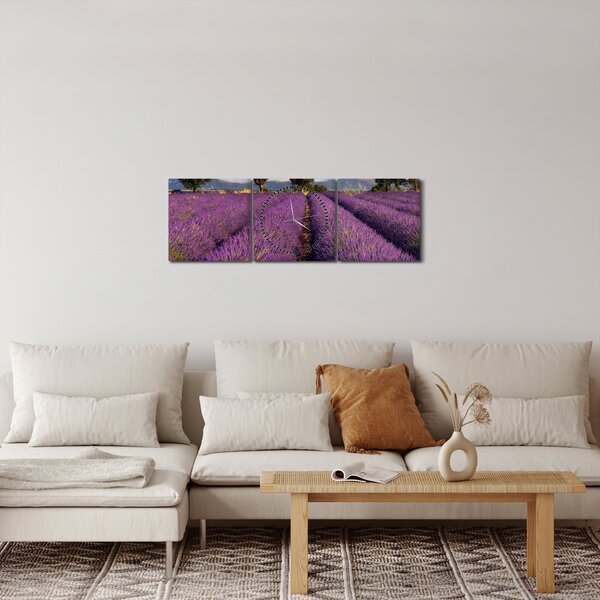 Obraz - Pole lawendy i góry (z zegarem) (90x30 cm)