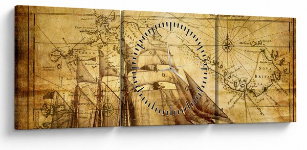 Obraz - Stara mapa (z zegarem) (90x30 cm)