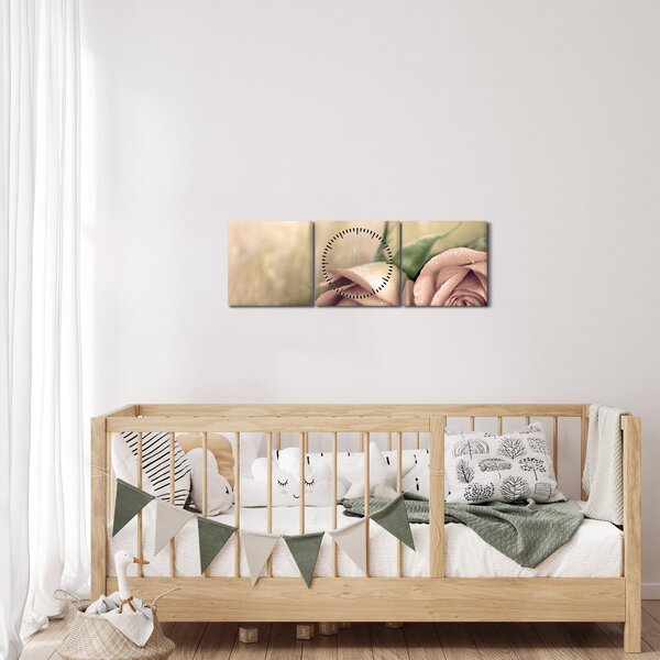 Obraz - Delikatne róże (z zegarem) (90x30 cm)