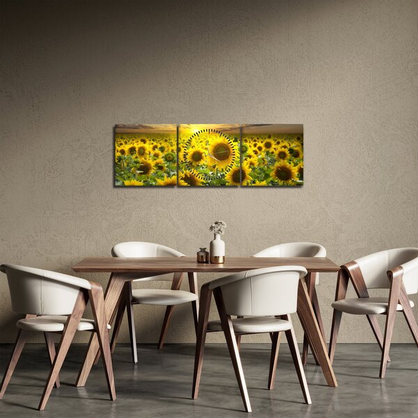 Obraz - Słoneczniki o zachodzie słońca (z zegarem) (90x30 cm)