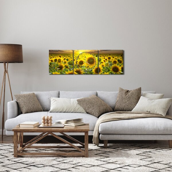 Obraz - Słoneczniki o zachodzie słońca (z zegarem) (90x30 cm)