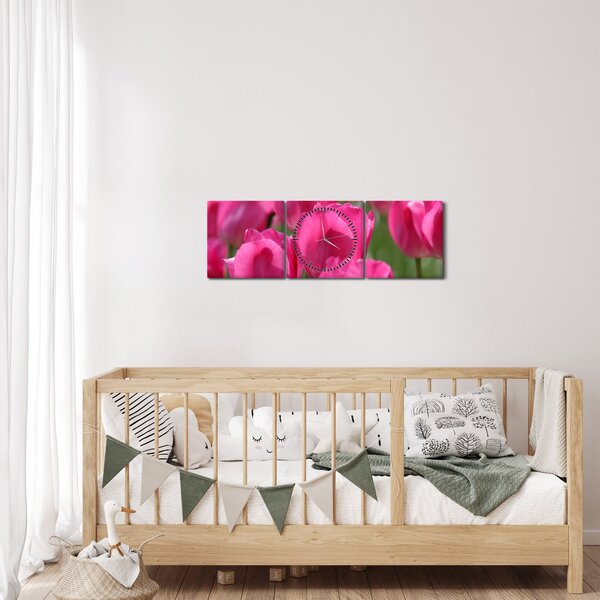 Obraz - Różowe tulipany (z zegarem) (90x30 cm)