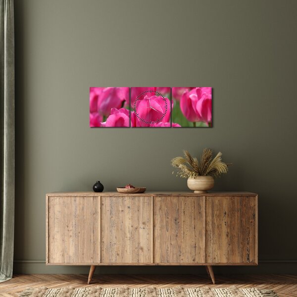 Obraz - Różowe tulipany (z zegarem) (90x30 cm)