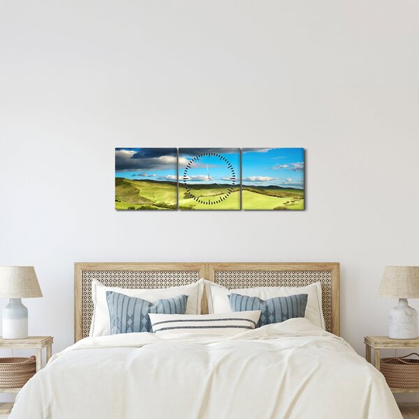 Obraz - Zielony krajobraz ze wzgórzami (z zegarem) (90x30 cm)