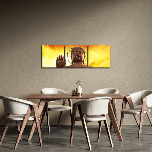 Obraz - Budda z czerwonym i żółtym tłem (z zegarem) (90x30 cm)