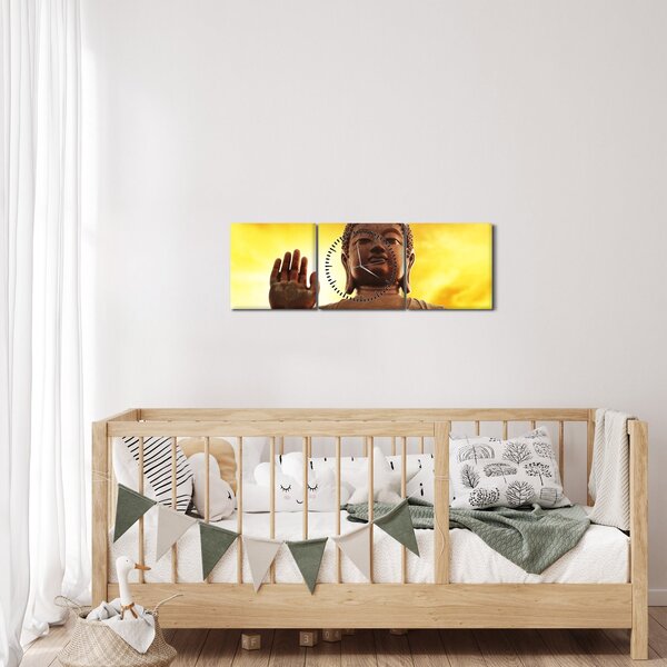 Obraz - Budda z czerwonym i żółtym tłem (z zegarem) (90x30 cm)