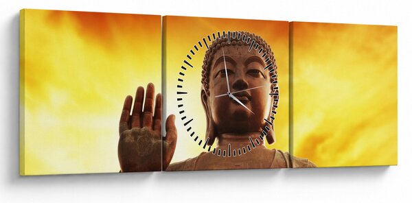 Obraz - Budda z czerwonym i żółtym tłem (z zegarem) (90x30 cm)