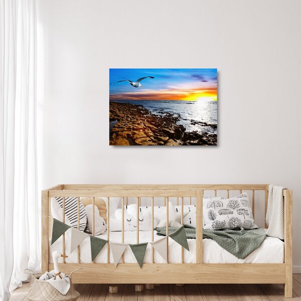 Obraz na szkle - Mewa lecąca nad wybrzeżem (70x50 cm)