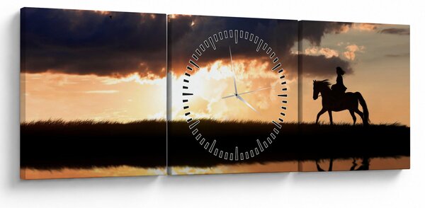 Obraz - Jeździec na koniu o zachodzie słońca (z zegarem) (90x30 cm)