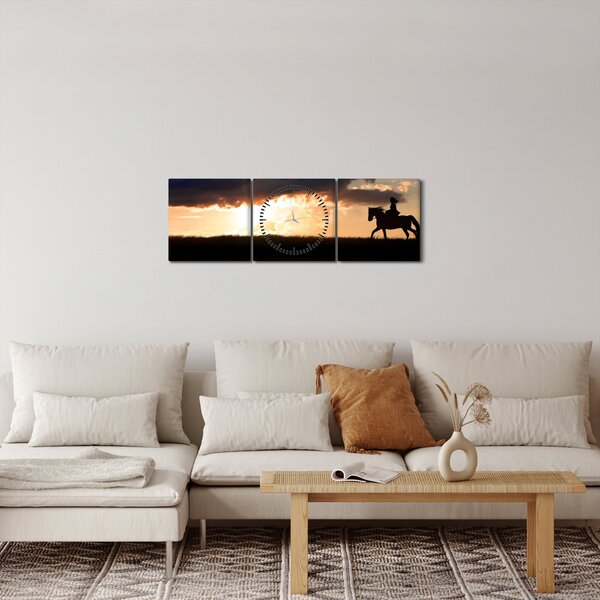 Obraz - Jeździec na koniu o zachodzie słońca (z zegarem) (90x30 cm)