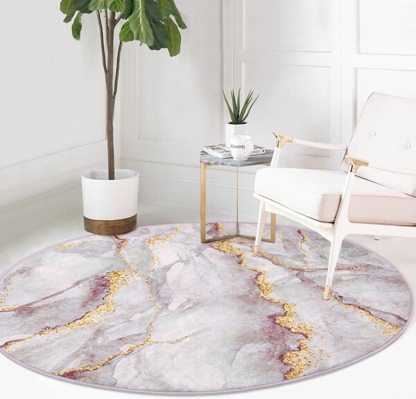 Jasnoróżowy/w kolorze złota okrągły dywan odpowiedni do prania ø 120 cm Marble – Mila Home