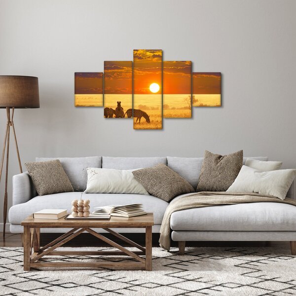 Obraz - Zebry z zachodem słońca (125x70 cm)