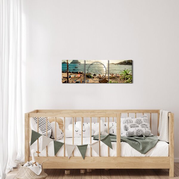 Obraz - Plaża z ludźmi (z zegarem) (90x30 cm)