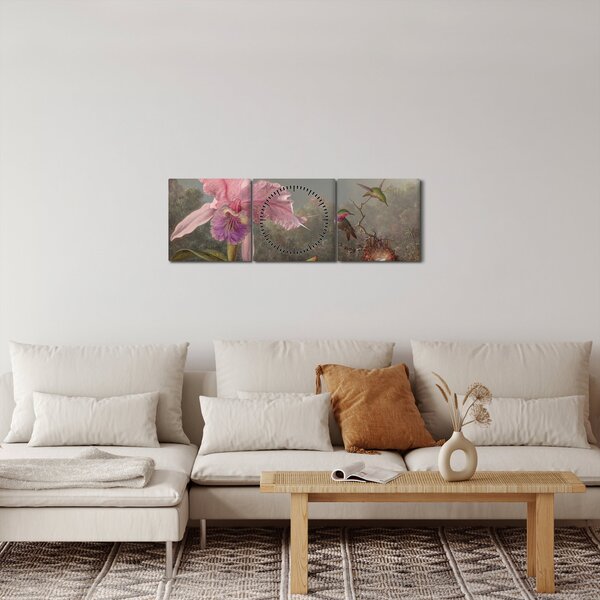 Obraz - Martin Johnson Heade, Cattleya Orchid and Three Hummingbirds, reprodukcje (z zegarem) (90x30 cm)