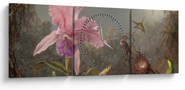Obraz - Martin Johnson Heade, Cattleya Orchid and Three Hummingbirds, reprodukcje (z zegarem) (90x30 cm)