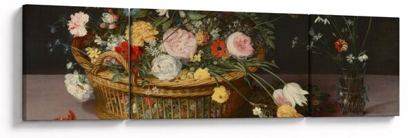 Obraz - Jan Brueghel the Elder, Flowers in a Basket and a Vase, reprodukcje (170x50 cm)