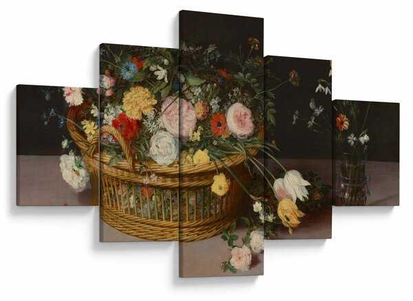 Obraz - Jan Brueghel the Elder, Flowers in a Basket and a Vase, reprodukcje (125x70 cm)