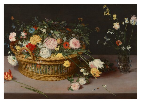 Obraz na szkle - Jan Brueghel the Elder, Flowers in a Basket and a Vase, reprodukcje (70x50 cm)