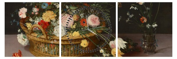 Obraz - Jan Brueghel the Elder, Flowers in a Basket and a Vase, reprodukcje (z zegarem) (90x30 cm)