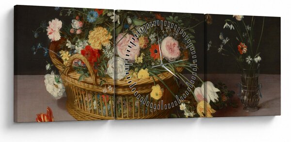 Obraz - Jan Brueghel the Elder, Flowers in a Basket and a Vase, reprodukcje (z zegarem) (90x30 cm)