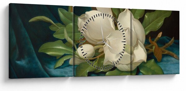 Obraz - Martin Johnson Heade, Giant Magnolias on a Blue Velvet Cloth, reprodukcje (z zegarem) (90x30 cm)
