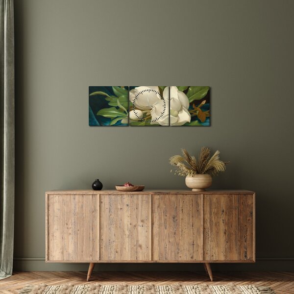 Obraz - Martin Johnson Heade, Giant Magnolias on a Blue Velvet Cloth, reprodukcje (z zegarem) (90x30 cm)
