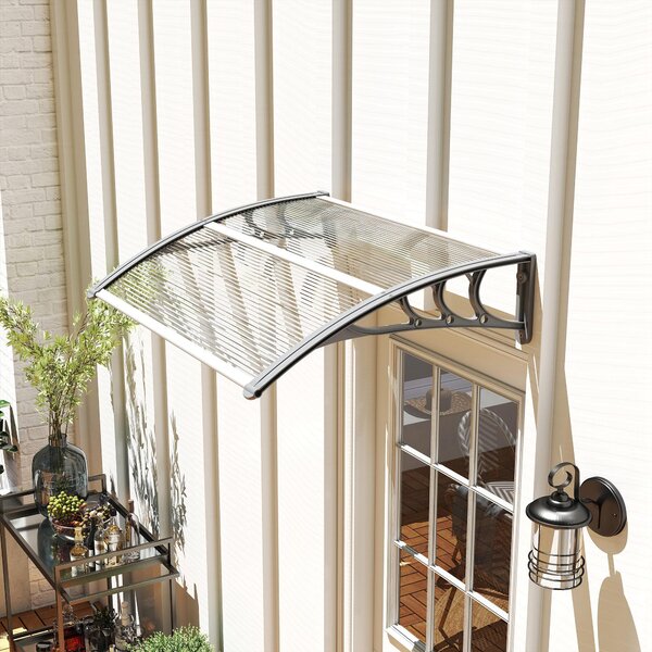 Daszek Outsunny nad drzwi wejciowe 100 x 75 cm zadaszenie ukowe jednoskrzydowe z aluminium i poliwglanu daszek jednoskrzydowy z filtrem UV daszek nad drzwi wejciowe na balkon, ochrona przed socem i deszczem, srebrny