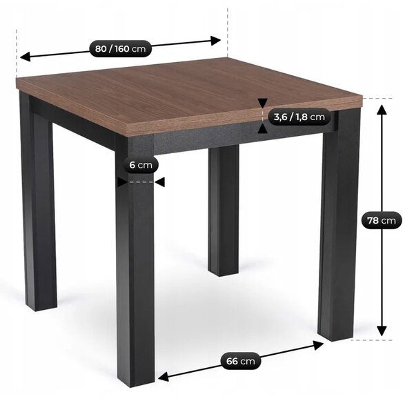 Stół Kwadratowy Rozkładany MAX 80-160 cm Orzech Nicea/Czarny Loft