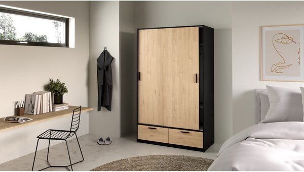 Czarno-naturalna szafa w dekorze dębu z drzwiami przesuwnymi 121x200 cm Line – Tvilum