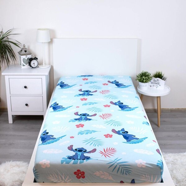 Niebieskie bawełniane prześcieradło dziecięce jednoosobowe z gumką 90x200 cm Lilo & Stitch "Blue" – Jerry Fabrics