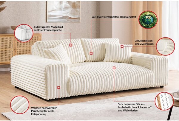 Kremowa sztruksowa sofa 213 cm Justin – Ropez