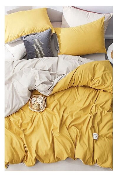 Żółto-kremowa bawełniana pościel dwuosobowa z prześcieradłem 200x220 cm – Mila Home