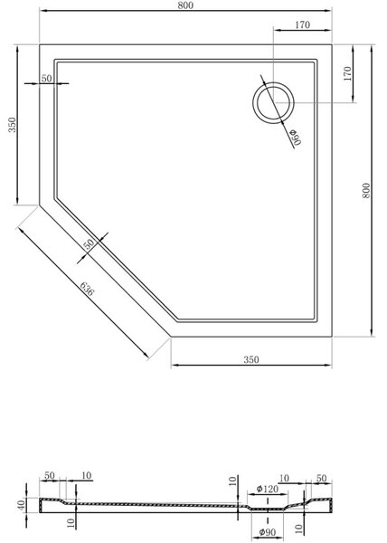 Mexen Flow brodzik pięciokątny slim 80 x 80 cm, czarny mat - 46P708080