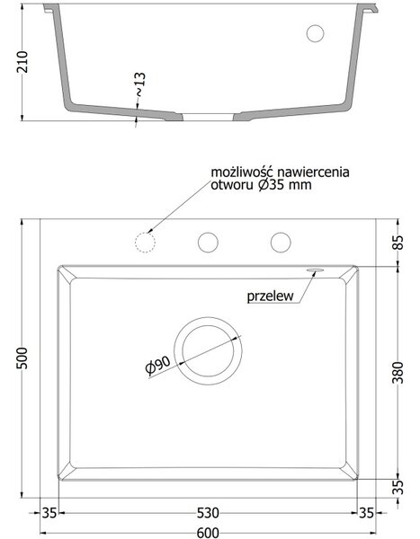 Mexen Elix zlewozmywak granitowy 1-komorowy 600 x 500 mm, beżowy, syfon chrom - 6525601005-69
