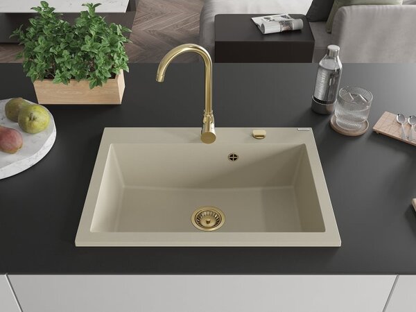 Mexen Elix zlewozmywak granitowy 1-komorowy 700 x 500 mm, beżowy, syfon złoty - 6526701005-69-G