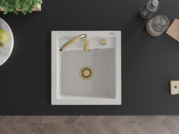 Mexen Vito zlewozmywak granitowy 1-komorowy 520 x 490 mm, biały, syfon złoty - 6503521000-20-G