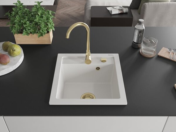 Mexen Vito zlewozmywak granitowy 1-komorowy 520 x 490 mm, biały, syfon złoty - 6503521000-20-G