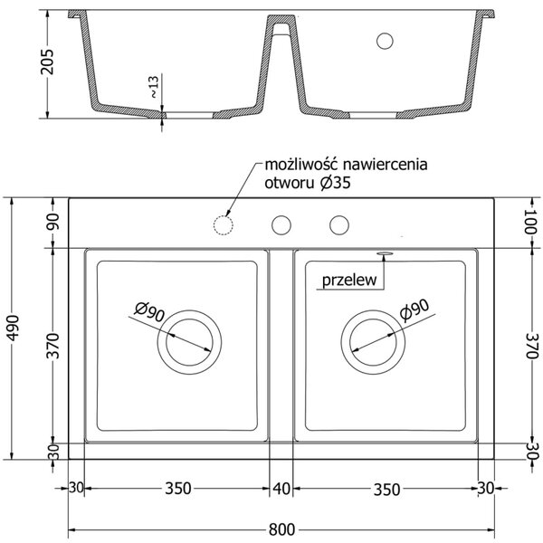 Mexen Hektor zlewozmywak granitowy 2-komorowy 800 x 480 mm, biały, syfon chrom - 6521802000-20