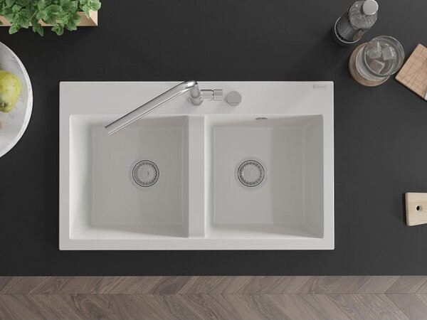 Mexen Hektor zlewozmywak granitowy 2-komorowy 800 x 480 mm, biały, syfon chrom - 6521802000-20