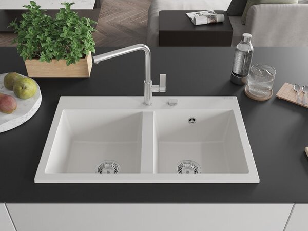 Mexen Hektor zlewozmywak granitowy 2-komorowy 800 x 480 mm, biały, syfon chrom - 6521802000-20