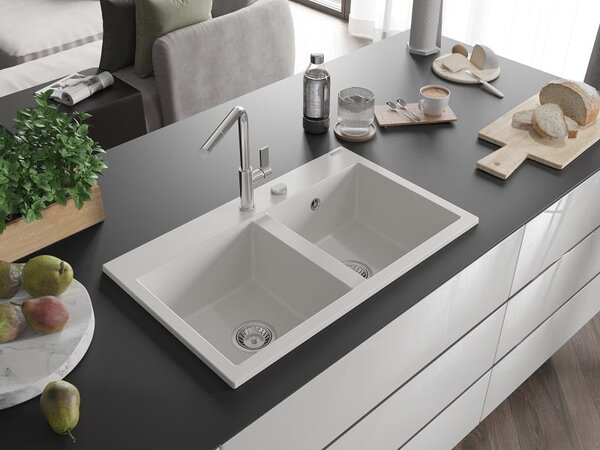 Mexen Hektor zlewozmywak granitowy 2-komorowy 800 x 480 mm, biały, syfon chrom - 6521802000-20