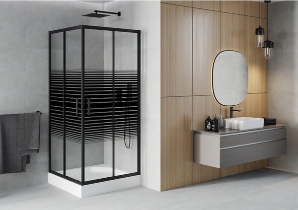 Mexen Rio kabina prysznicowa kwadratowa 90 x 90 cm, czarne pasy, czarna + brodzik Rio, biały - 860-090-090-70-20-4510