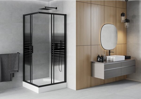 Mexen Rio kabina prysznicowa kwadratowa 90 x 90 cm, czarne pasy, czarna + brodzik Rio, biały - 860-090-090-70-20-4510