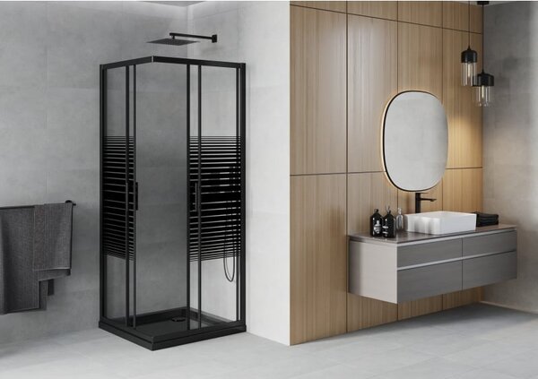 Mexen Rio kabina prysznicowa kwadratowa 70 x 70 cm, czarne pasy, czarna + brodzik Flat, czarny - 860-070-070-70-20-4070B