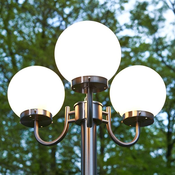 Lampa zewnętrzna Lindby Samuel, 218 cm, 3-punktowa, kula, E27, IP44 Samuel Lindby, możliwość ściemniania, aluminiowy / szary / cynkowy, stal szlachetna, nowoczesny