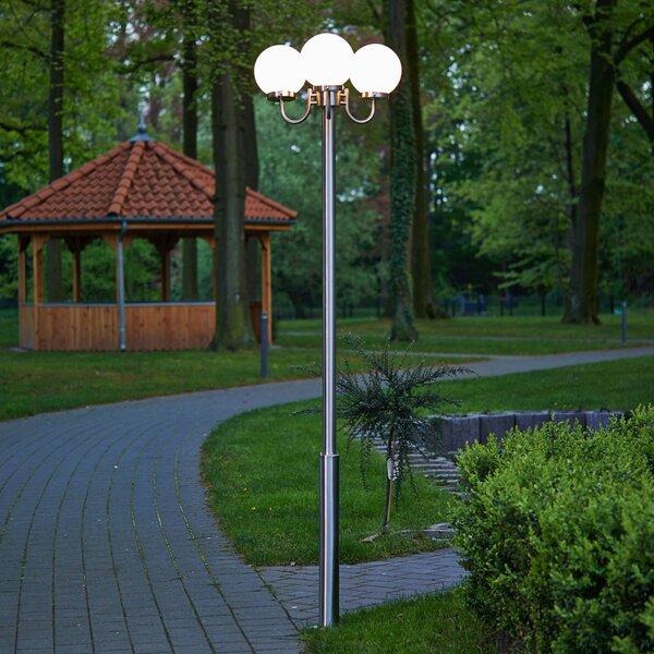 Lampa zewnętrzna Lindby Samuel, 218 cm, 3-punktowa, kula, E27, IP44 Samuel Lindby, możliwość ściemniania, aluminiowy / szary / cynkowy, stal szlachetna, nowoczesny