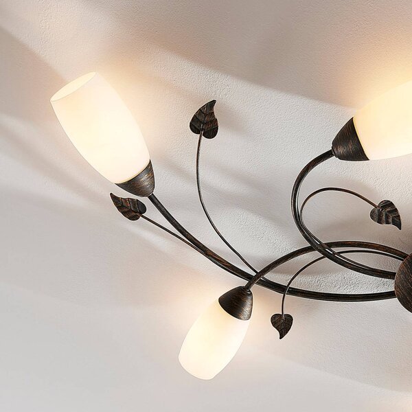Lampa sufitowa Stefania Lindby, możliwość ściemniania, brązowy / rdzawy, salon / jadalnia, szkło, antyczny
