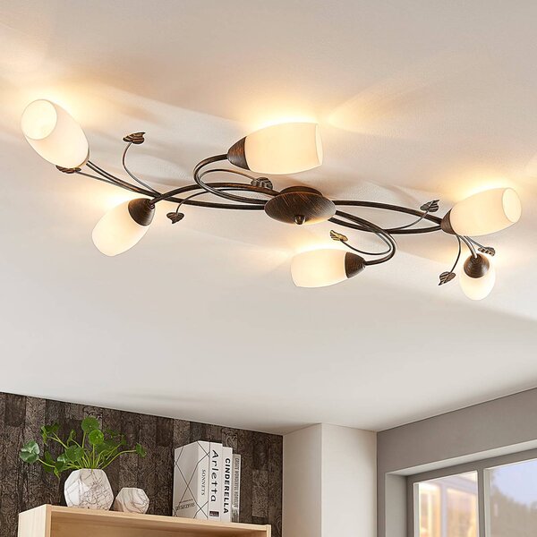 Lampa sufitowa Stefania Lindby, możliwość ściemniania, brązowy / rdzawy, salon / jadalnia, szkło, antyczny