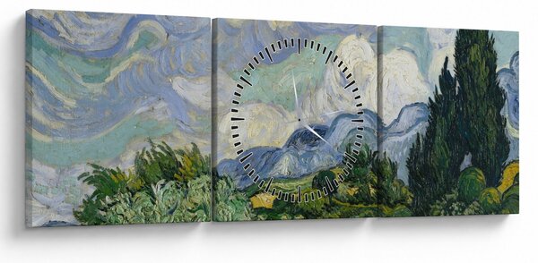 Obraz - Vincent van Gogh, Wheat Field with Cypresses, reprodukcje (z zegarem) (90x30 cm)